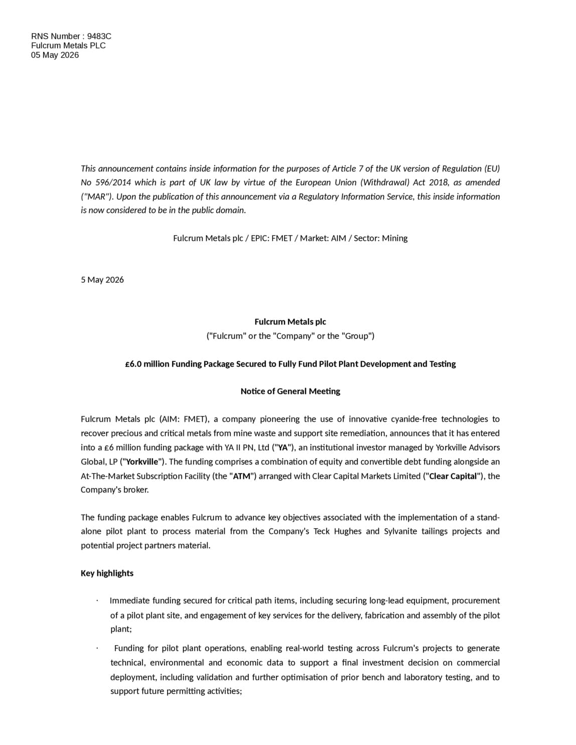 Fulcrum Metals PLC - £6M Funding Secured to Fully Fund Pilot Plant