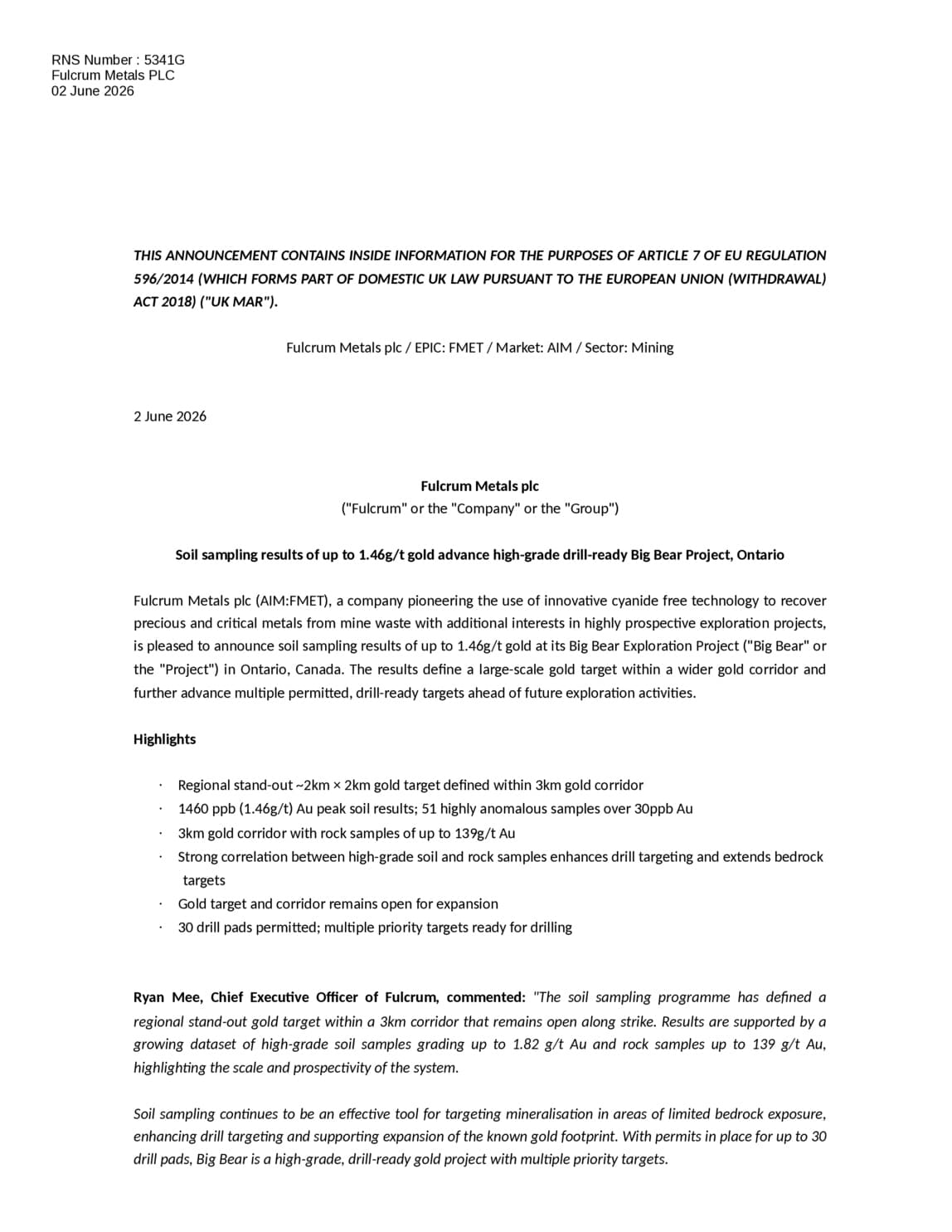 Fulcrum Metals PLC - Soil sampling results from Big Bear Project