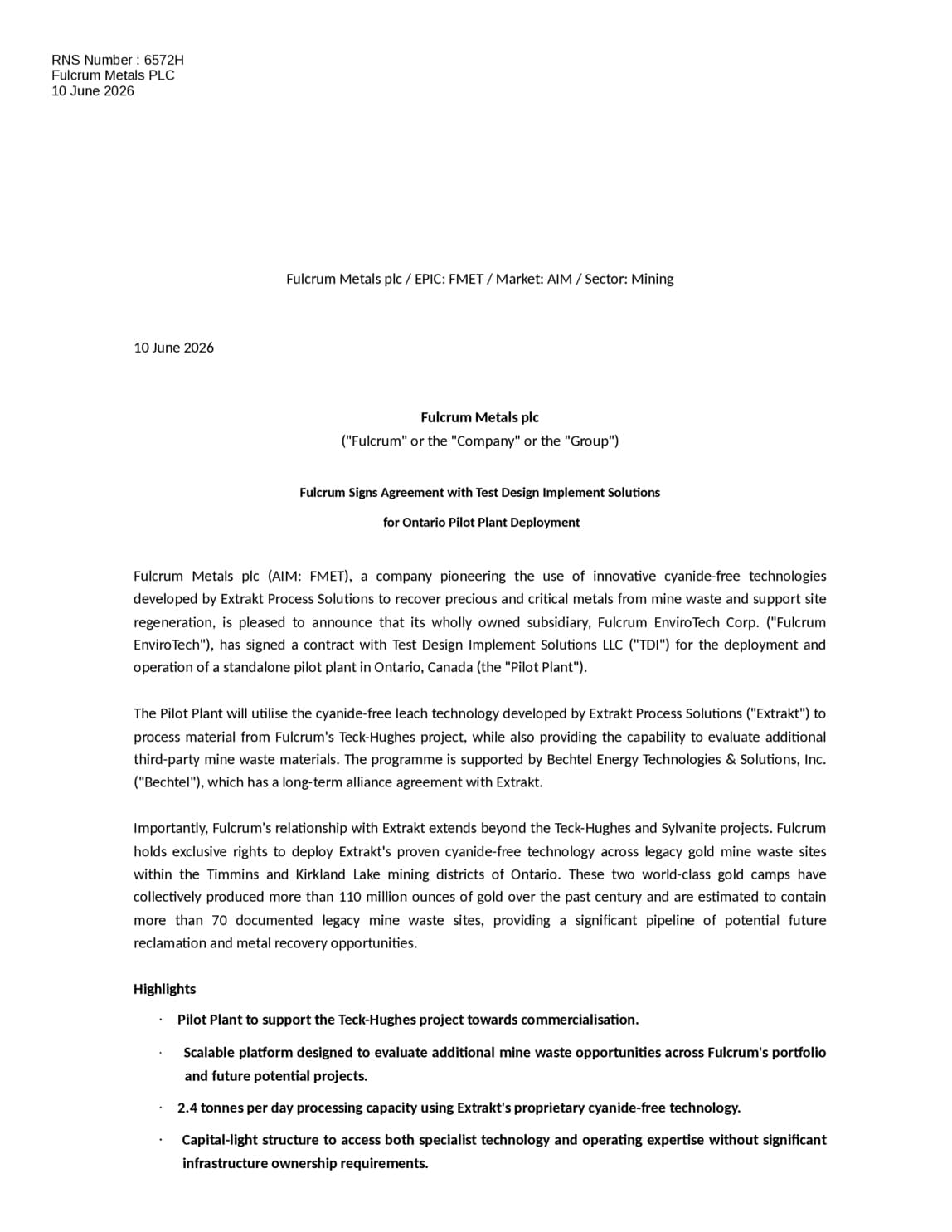 Fulcrum Metals PLC - Pilot Plant Deployment Agreement Signed